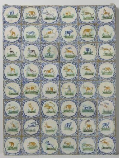 Panel of forty-eight tiles with animals and hunters