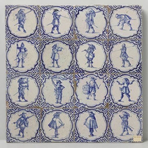 Field of sixteen tiles (4x4), each with a blue-painted warrior, framed by a scalloped border and meanders in the corners
