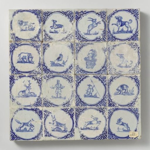 Field of sixteen tiles with hunters and animals