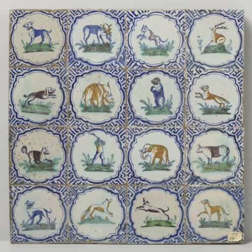 Panel of sixteen tiles with animals