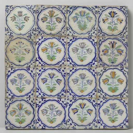 Panel of sixteen tiles with three tulips