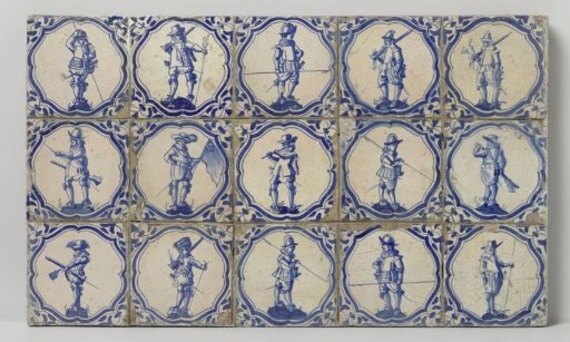 Field of fifteen tiles (3x5) with a blue-painted warrior within a bracket frame and a winged leaf in the corners