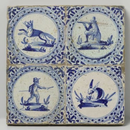 Panel of Four Tiles with Hunters and Animals