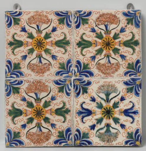Field of four tiles with a rosette surrounded by carnations and leaf calices