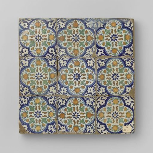 Panel of nine pompadour tiles with rosettes and pomegranates