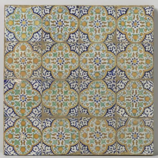 Panel of sixteen pompadour tiles with rosettes and pomegranates