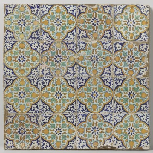 Panel of sixteen pompadour tiles with rosettes and pomegranates