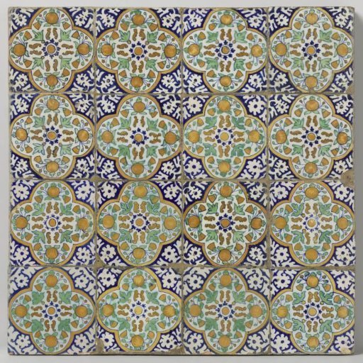 Panel of sixteen pompadour tiles with rosettes and pomegranates