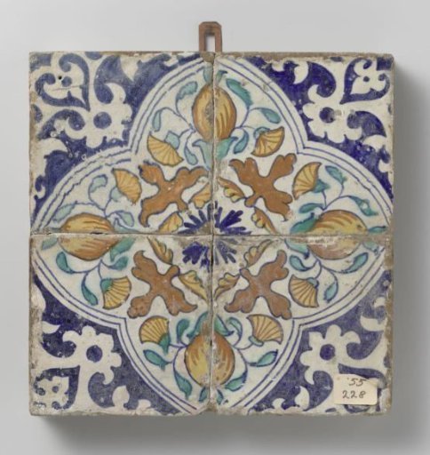 Panel of four quatrefoil tiles with pomegranates and marigolds