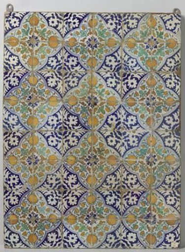 Panel of forty-eight quatrefoil tiles with pomegranates and marigolds