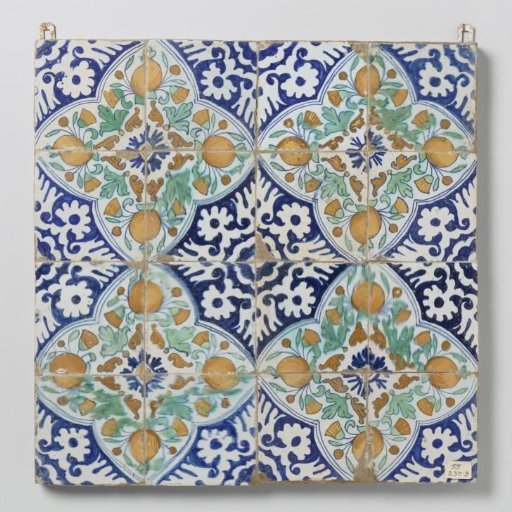 Panel of sixteen tiles with pomegranates and marigolds in four quatrefoils