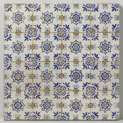 Field of sixteen tiles (4x4), each with a multicolored pattern in blue, yellow and orange of a rosette surrounded by three dots with a lily in the corners