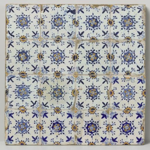 Field of sixteen tiles (4x4), each with a multicolored pattern in blue, yellow and orange of a rosette surrounded by three dots with a lily in the corners