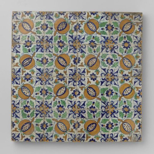 Field of sixteen tiles with pomegranates split open