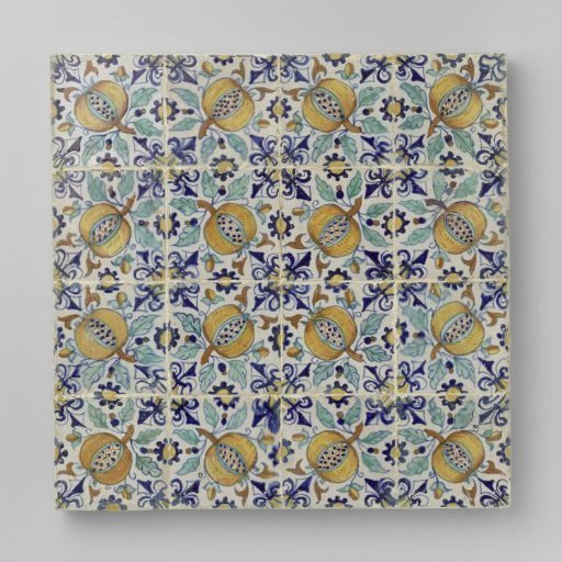 Field of sixteen tiles with pomegranates split open
