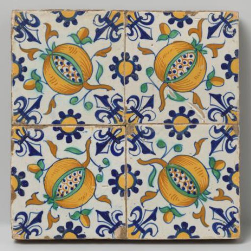 Panel of four tiles with split pomegranates