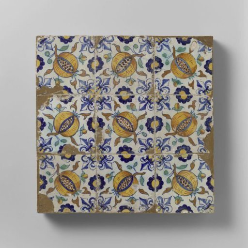Panel of nine tiles with split pomegranates
