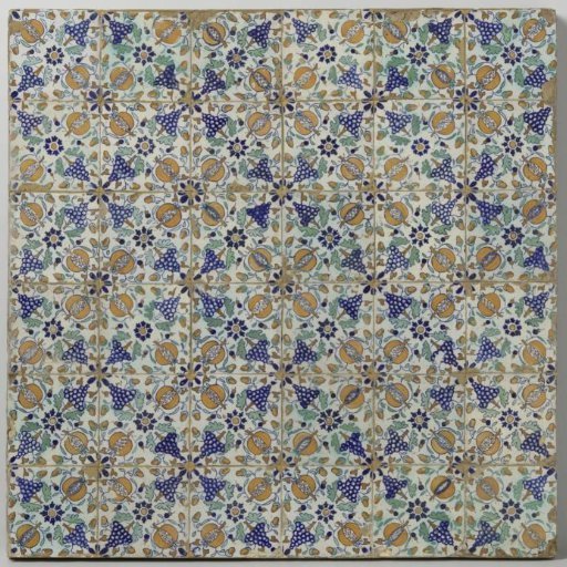 Panel of thirty-six tiles with rosettes, grape clusters, and pomegranates