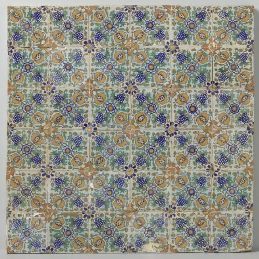 Panel of thirty-six tiles with rosettes, grape clusters, and pomegranates