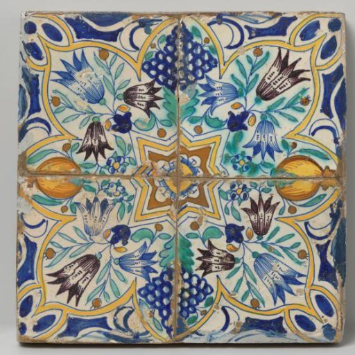 Four Tiles Forming a Star, Surrounded by Tulips, Grapes, and Pomegranates