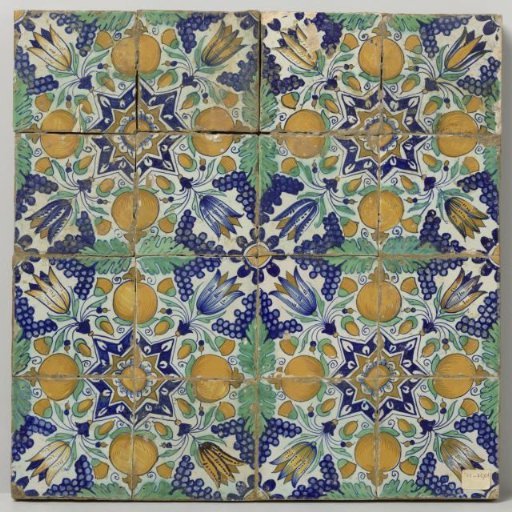 Field of sixteen tiles with a pattern of grape clusters, pomegranates, tulips and stars