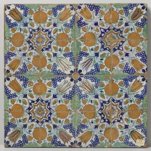 Field of sixteen tiles with a pattern of grape clusters, pomegranates, tulips and stars