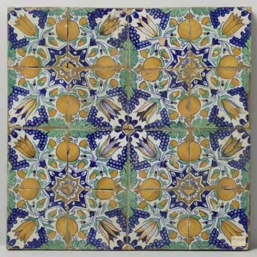 Field of sixteen tiles with a pattern of grape clusters, pomegranates, tulips, and stars