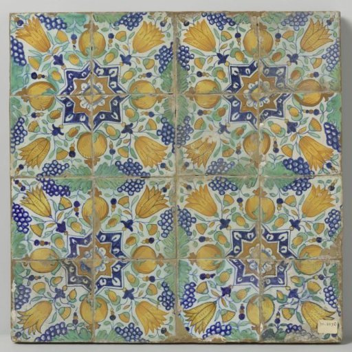 Field of sixteen tiles with a pattern of grape clusters, pomegranates, tulips, and stars