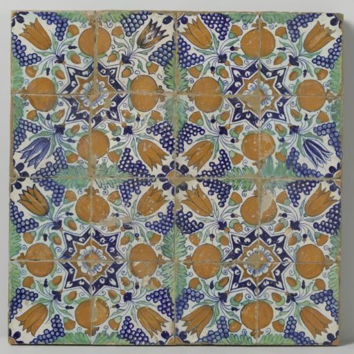 Field of sixteen tiles with a pattern of grape clusters, pomegranates, tulips, and stars
