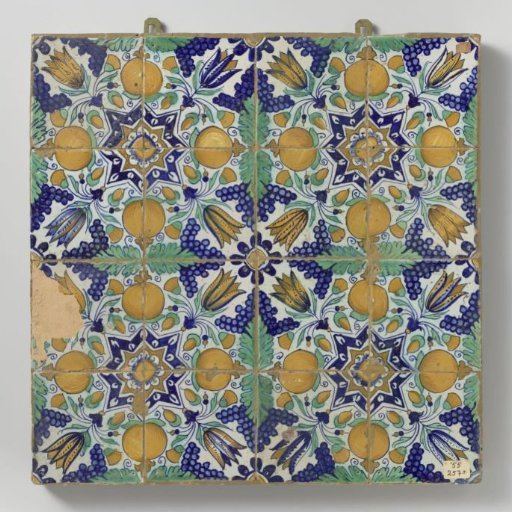 Field of sixteen tiles with a pattern of grape clusters, tulips, pomegranates, and stars