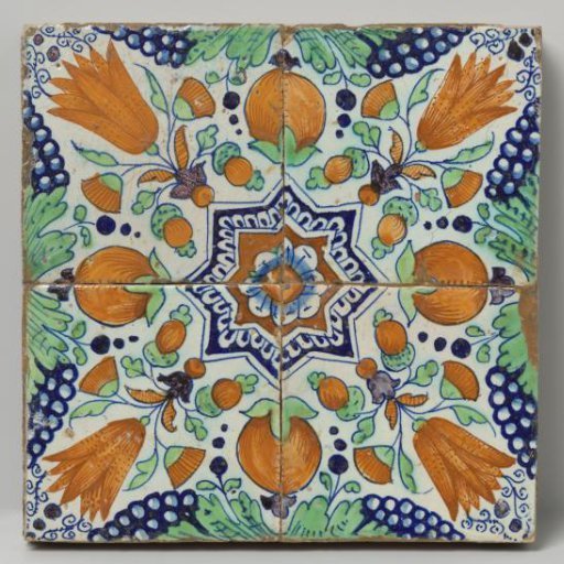 Field of four tiles with a pattern of pomegranates, grape clusters, tulips and stars