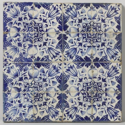 Field of sixteen tiles with a pattern of grape clusters, pomegranates, tulips, and stars