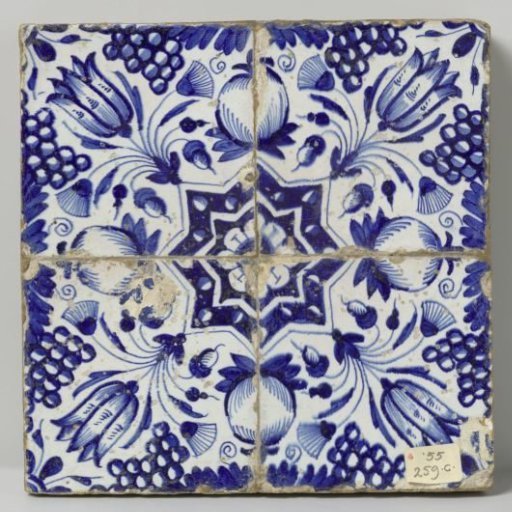 Panel of Four Tiles with a Pattern of Pomegranates, Grape Clusters, Tulips, and Stars