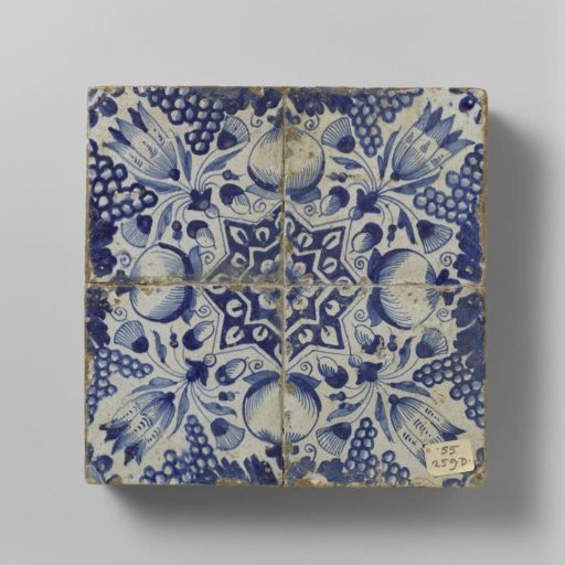 Panel of Four Tiles with a Pattern of Grape Clusters, Pomegranates, Tulips, and Stars