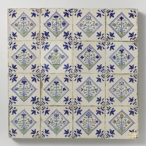 Panel of sixteen tiles with flowers