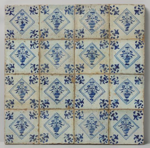 Panel of sixteen tiles with flowerpots