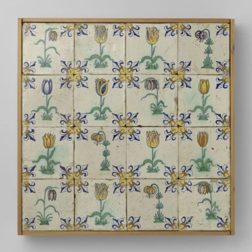 Panel of Sixteen Tiles with Flowers and Lilies in the Corners