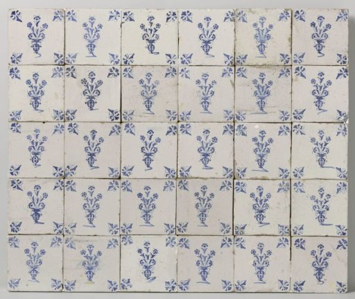 Panel of thirty tiles with vases