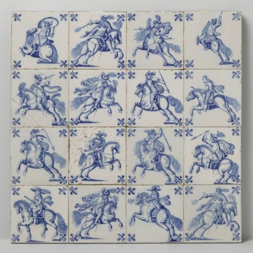 Panel of Sixteen Tiles with Horsemen
