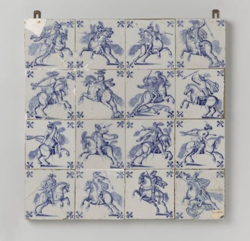 Panel of Sixteen Tiles with Horsemen