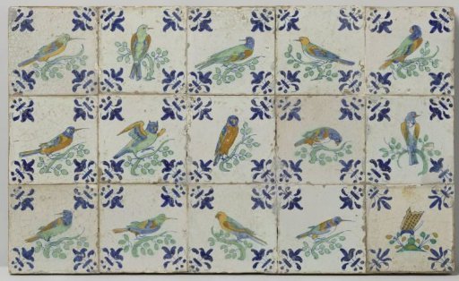 Panel of fifteen tiles with birds