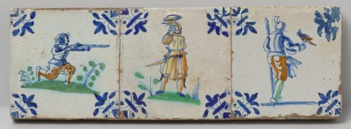 Panel of three tiles with hunters on falconry