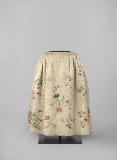 Skirt of quilted, stitched white satin, with multicoloured embroidered various flower branches, small birds, a butterfly, two peacocks and a Chinese woman