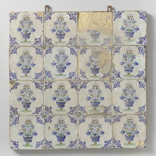 Panel of sixteen tiles with flower pots