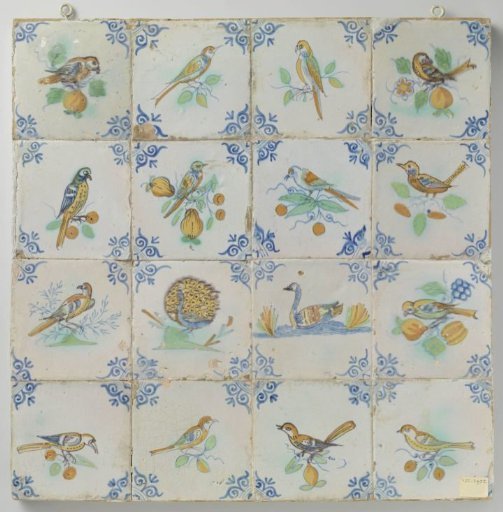 Field of sixteen tiles with birds