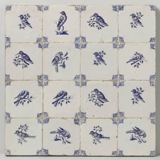 Panel of sixteen tiles with birds