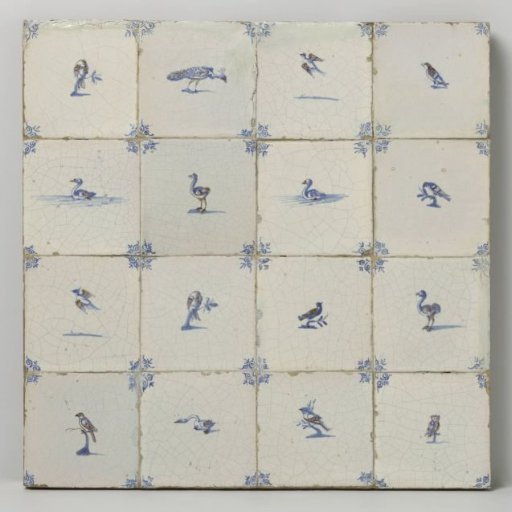 Panel of sixteen tiles with birds