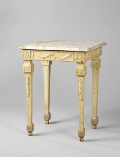 Wall Table on Square Fluted Legs with Pierced Houses in the Rosettes. Along the Aprons, Pierced Draperies and Garlands. White Marbled Wood with a Marble Top