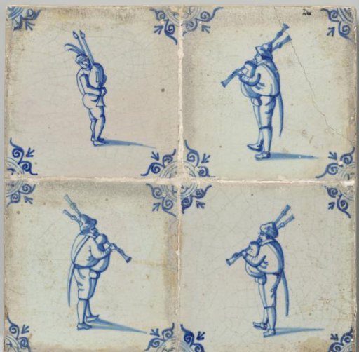 Tile panel of four tiles with a figure playing the bagpipes