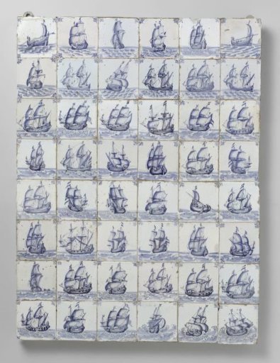 Panel of forty-eight tiles with ships